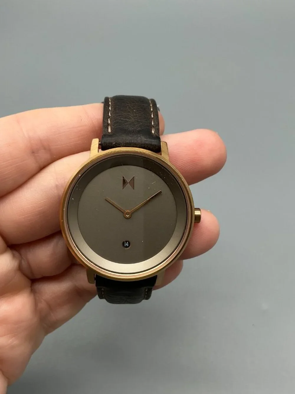 MVMT Ashen Taupe Womens Watch 34mm Rose Gold Tone Date Leather New Battery
